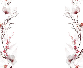 Watercolor floral symmetric seamless border frame. Pink, blush, white, gray poppy flowers, red blossom branches, brown tree twigs. Hand drawn style illustration. Watercolour artistic template design.