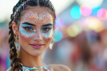 Festival Fashion Model with Glitter Face Paint, Braided Hair, and Bold Accessories in Vibrant Outdoor Music Festival Scene.