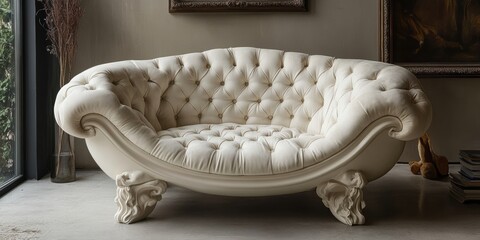 Elegant Ivory Tufted Settee with Sculpted Legs in Room Interior