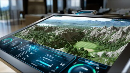 Golf simulator interface showing terrain, wind, and shot power


