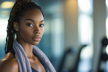 Fit and Toned Woman Standing in a Modern Gym After Workout with Towel Over Shoulders in Relaxed Pose.