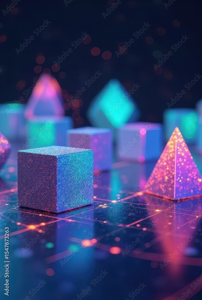 Poster abstract glowing cubes and pyramids shimmer with colorful intensity. the composition suggests a digi