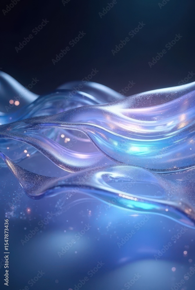 Poster Luminescent glass-like forms with wave patterns appear suspended in space. Sparkling elements enrich the atmospheric and elegant design concept, vertical composition