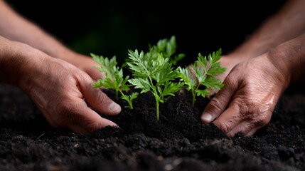 Fototapeta premium Hands gently planting a seedling in the soil.