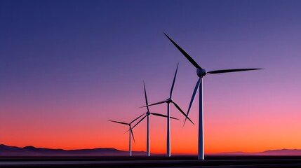 Wind turbines silhouetted against a vibrant sunset sky
