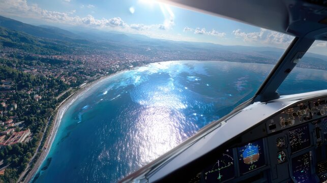 Aerial view from cockpit as plane descends into coastal city, pilot perspective