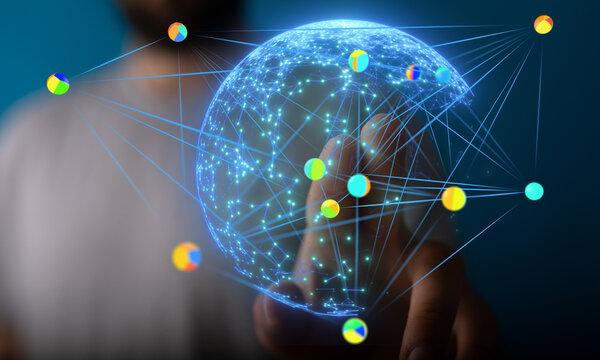 Image depicts a hand interacting with a digital globe, showcasing global network connections and data points.