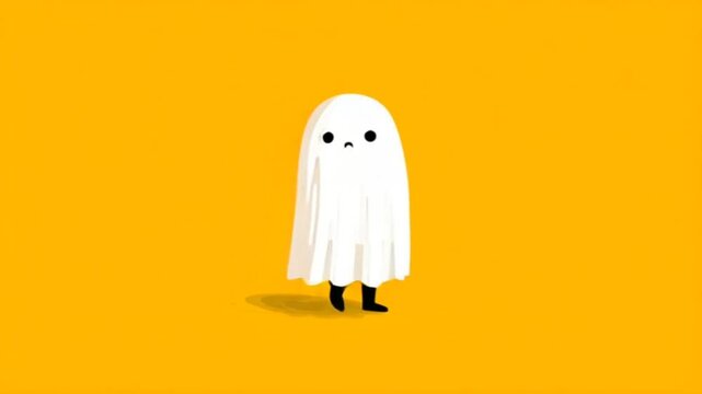 White ghost with black legs on a yellow background