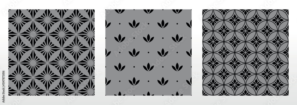 Poster geometric floral set of seamless patterns. gray and black vector backgrounds. damask graphic ornamen