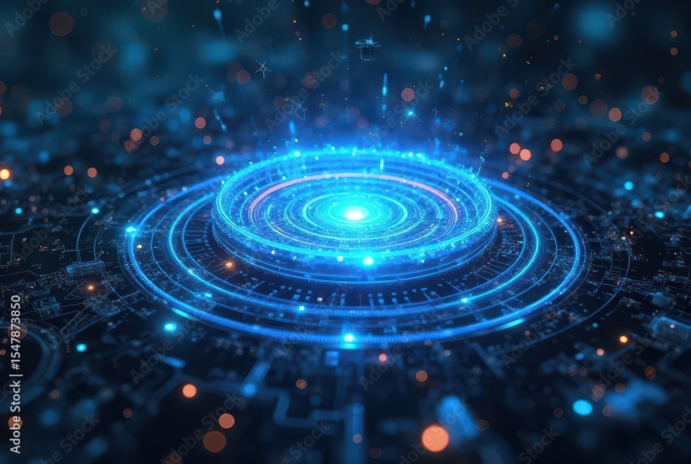 Poster a glowing circular hologram floats in darkness surrounded by complex electronic patterns, evoking da