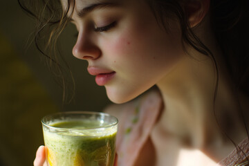 Fresh-Faced Model Enjoying a Delicious Green Smoothie in a Sunlit Kitchen with a Softly Blurred Background.