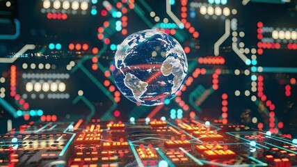 Digital earth globe floating over illuminated circuit board representing data connectivity - Powered by Adobe