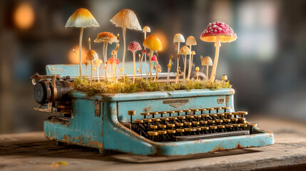 Old typewriter sprouting tiny mushrooms under warm window light. AI generation.