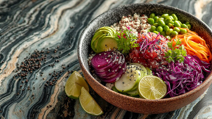 Overhead shot of a colorful plant-based gourmet meal on marble. AI generation.
