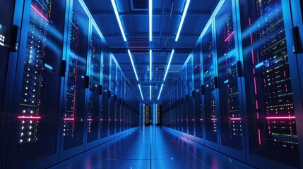 Futuristic Server Room, Digital Technology and Data Center Infrastructure