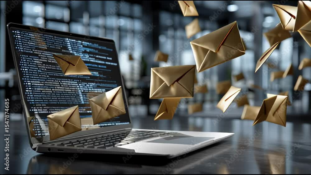 Poster Overloaded laptop screen with email  gold notifications popping up rapidly, symbolizing information overload 