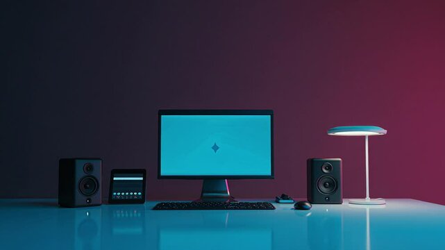 Modern minimalist desktop setup with computer monitor speakers and ambient lighting