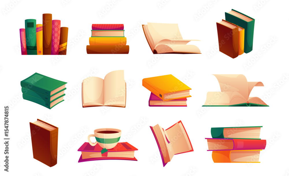 Poster School or university textbooks, open and closed empty diaries and books. Vector piles and stacks of novels. Literature and reading hobby. Education and studying. Workbook or publication