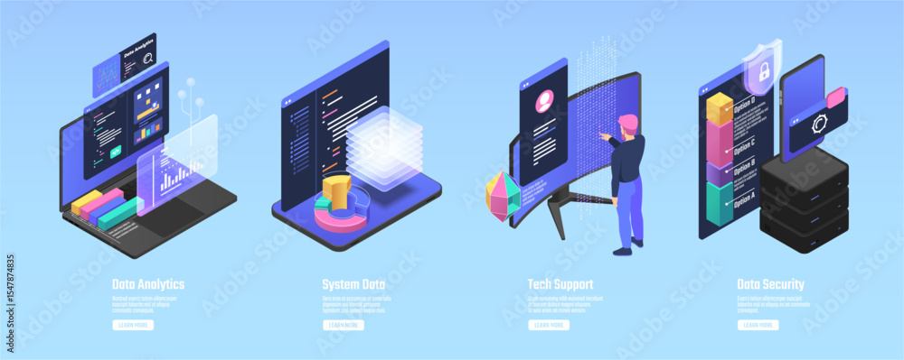 Poster Data analytics and system, tech support and security. Vector pc computer and laptop, screen and tablet with diagrams and codes on dark screens. Software development, engineering and machine learning