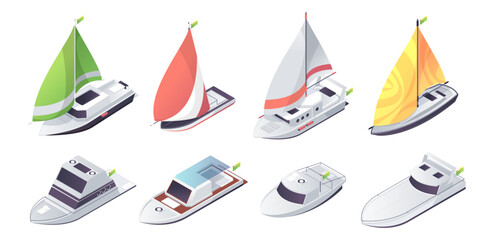 Boats and sailboats with single masts and triangular mainsails. Vector isolated collection of sailing vessels and yachts with streamlined hulls. Light water crafts for sports or trainings