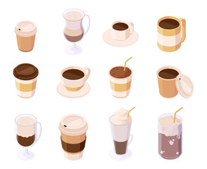 Various cold and hot caffeine drinks in glasses, isometric coffee beverages with foam and whipped cream. Vector isolated cafe or restaurant products. Cocoa and latte, americano and espresso