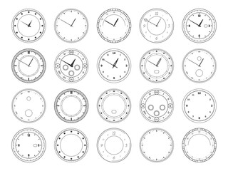 Vintage and modern clock dials collection. Vector isolated round and ornate timepiece faces with Roman numerals, minimalist lines and blank designs. Watchmaker or steampunk inspired artwork