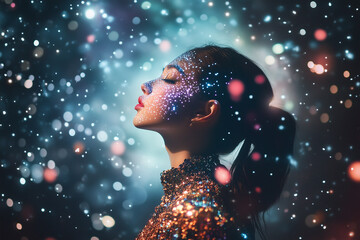 Futuristic Woman Wearing Holographic Outfit with Universe-Inspired Starry Lights and Galaxy-Themed Background Display.