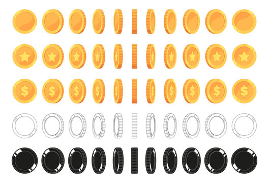 Shiny gold and monochrome coins set. Vector isolated metal money with blank, dollars and stars symbols surfaces. Wealth, fortune and economic value. Banking, investing and savings visuals