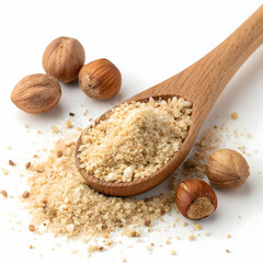Ground hazelnuts in wooden spoon isolated on white background  