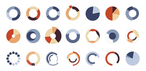 Modern circular pie charts set. Vector isolated progress ring indicators for dashboards, analytics panels and mobile apps. Radial meters and time trackers, loading circles and segmented diagrams