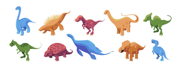 Jurassic period dinosaurs of different types. Vector isolated extinct animals species with long necks, thorns and claws. Isometric marine and land dinos, prehistoric personages with fins and wings © Sensvector