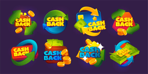 Wallets and credit cards with coins flying back into it, curved arrow emphasizing return of funds. Vector cashback logos or icons collection. Budget savings and personal finance management.