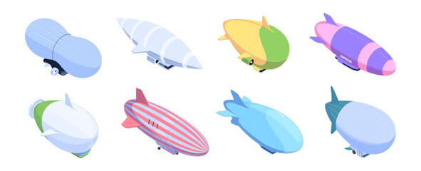 Passenger airship set. Vector isometric elongated aerostat with gondolas underneath. Zeppelins with stripes. Cabins for people. Extended giant balloons filled with helium for free travel tourism © Sensvector