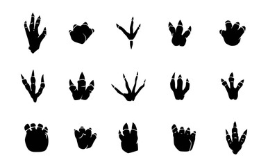 Jurassic era wild animal footprints collection. Vector isolation prints of dinosaurs, beast creations paws. Ancient wildlife foot icons, footsteps silhouette. Footmarks set in grunge style