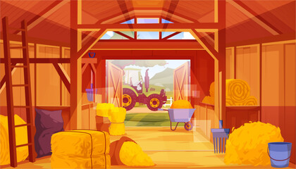 Farm central building for storing equipment and hay. Vector isolated cartoon interior of housing with stocks of straw. Wooden barn with open doors and stalls for horses or other animal © Sensvector