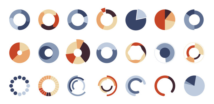 Modern circular pie charts set. Vector isolated progress ring indicators for dashboards, analytics panels and mobile apps. Radial meters and time trackers, loading circles and segmented diagrams