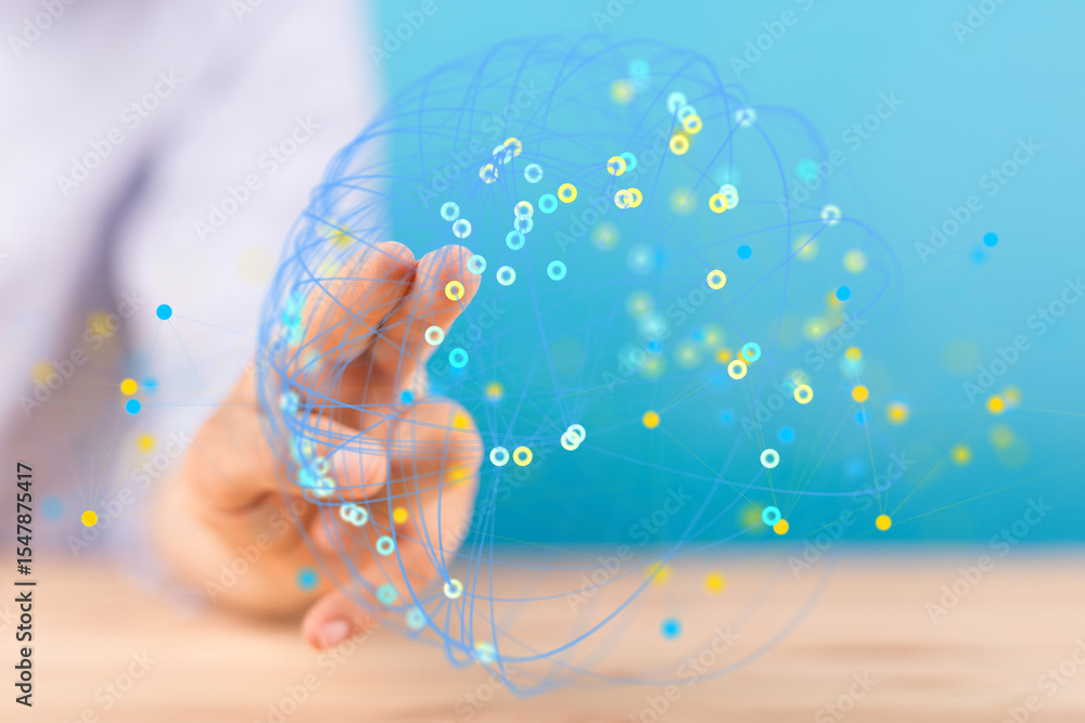 Poster Abstract image of a hand interacting with a digital network sphere.  Ideal for technology, connection, and global concepts.