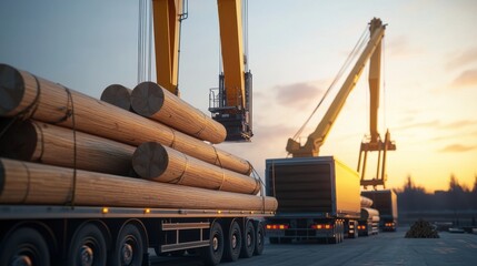 Obraz premium Dynamic Industrial Scene with Cranes Loading Massive Logs at Sunset