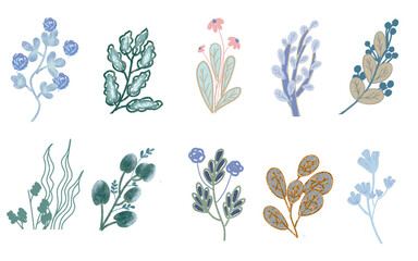 set of blue floral elements