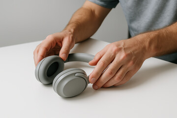Man adjusting modern wireless over ear headphones on white desk, close up of hands with minimalist audio technology