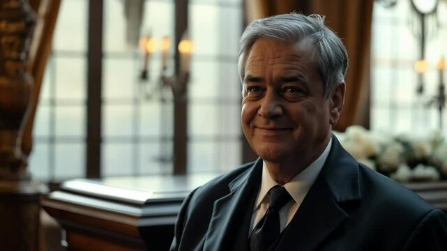 Elderly white man in suit sitting solemnly in funeral home setting - concept of grief mourning and professional funeral director service