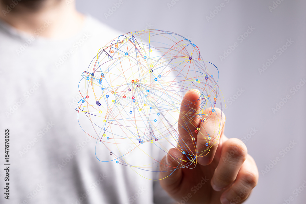 Poster Abstract image depicting a network of interconnected nodes. Ideal for technology, communication, and data concepts.
