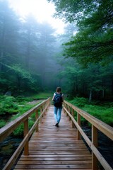 Backpacker crossing wooden bridge alone in foggy forest, early morning solitude