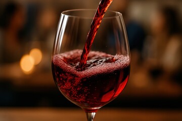 Red wine flows into a clear glass, creating bubbles at the surface. The glass is positioned on a wooden surface, set against a blurred, warm background