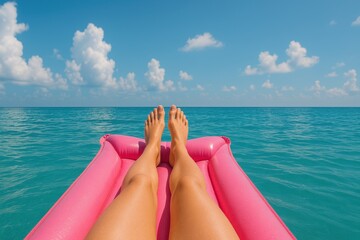 A person's legs and feet are visible while they are relaxing on a pink inflatable raft in the turquoise Ocean water, under a partly cloudy, blue daytime sky