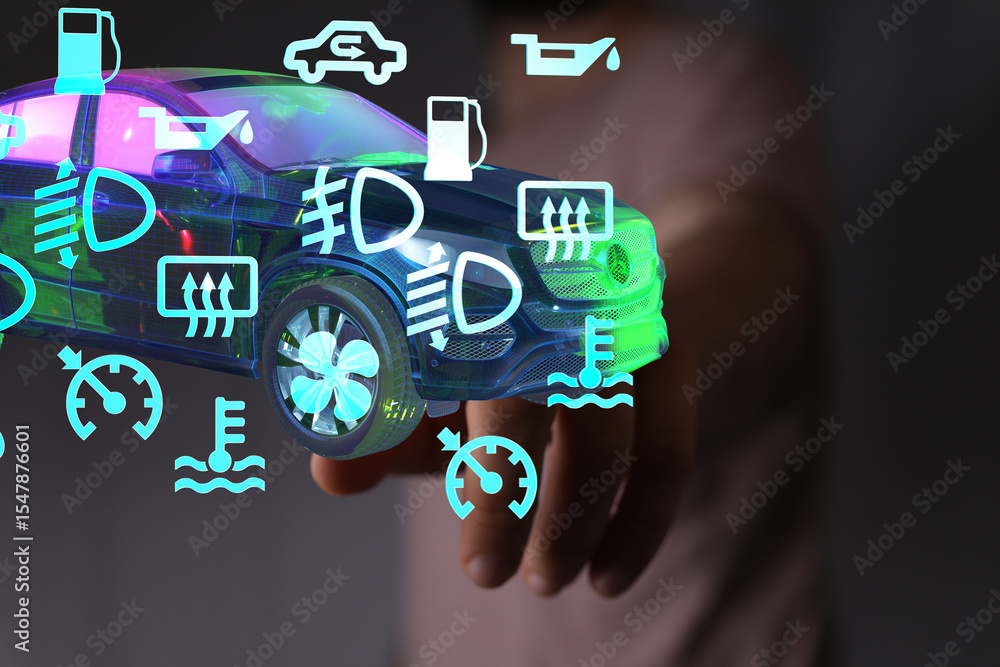 Poster stock photo of a digital car dashboard displaying various warning lights and maintenance indicators.
