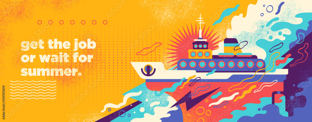 Poster an abstract summer background design featuring a cruise ship and colorful splashing shapes.