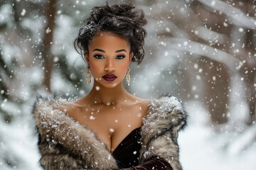 Glamorous Lady in Fur Wrap and Rich Velvet Gown Surrounded by Gently Falling Snow in an Enchanted Forest Landscape.