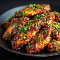 Succulent chicken wings covered with a savory and sweet glaze, garnished with fresh herbs, beautifully presented in a dark bowl
