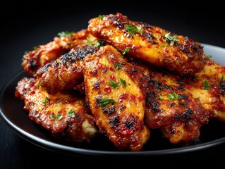 Succulent chicken wings covered with a savory and sweet glaze, garnished with fresh herbs, beautifully presented in a dark bowl